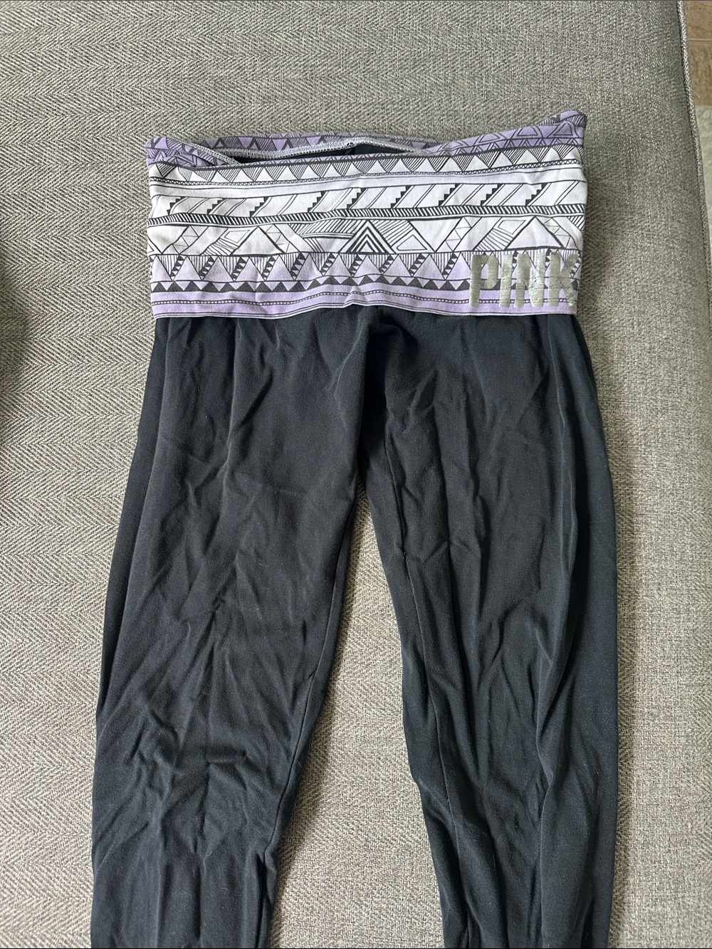 PINK Victoria's Secret Black Leggings with Purple Patterned Fold-Over Waistband